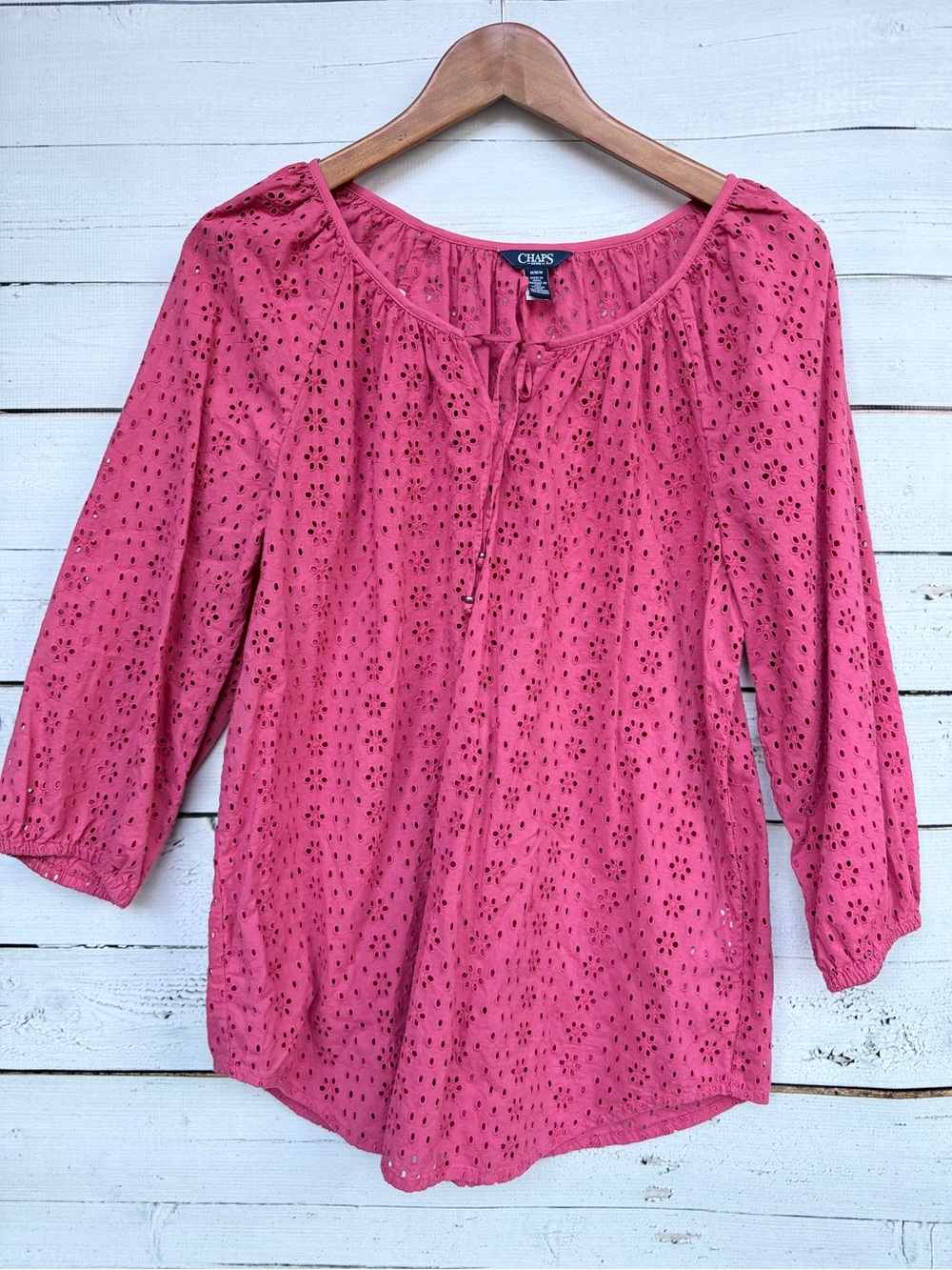 Chaps Denim 100% Cotton Eyelet Lace Split V-Neck Blouse - Medium